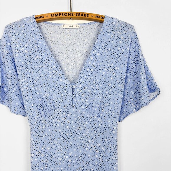 Mango Womens Blue Floral V Neck Mini Dress Size M - Picture 3 of 5